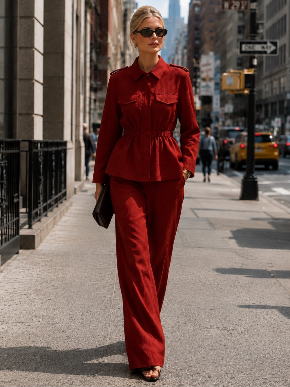 Zara Red Textured Matching Set Safari Jacket Wide Leg Pants NWT M